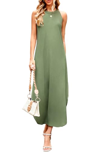 DUOEASE Sommerkleid Damen Basic Neckholder Maxikleid Elegant Split Gabel Maxi Strandkleid Luftig 2025-Army Green-XXL von DUOEASE