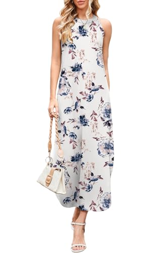 DUOEASE Sommerkleid Damen Basic Neckholder Maxikleid Elegant Split Gabel Maxi Strandkleid Luftig 2025-FlroalWeiß-XXL von DUOEASE