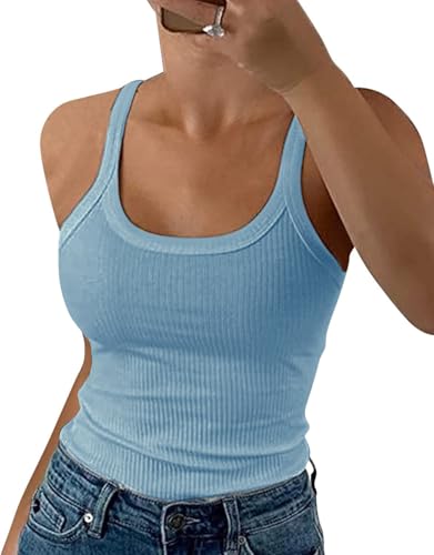 DUOEASE Spaghetti Top Damen Sommer 2025 Gerippt Rundhals Tank Top Basic Einfarbig Slim Fit Stretch Top-Blaugrau-XL von DUOEASE