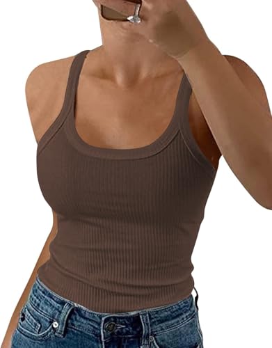 DUOEASE Spaghetti Top Damen Sommer 2025 Gerippt Rundhals Tank Top Basic Einfarbig Slim Fit Stretch Top-Braun-XL von DUOEASE