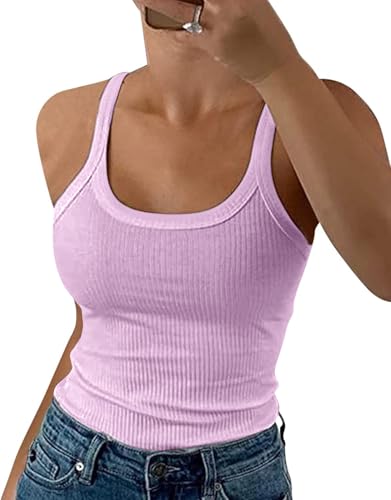 DUOEASE Spaghetti Top Damen Sommer 2025 Gerippt Rundhals Tank Top Basic Einfarbig Slim Fit Stretch Top-Dunkelrosa-XS von DUOEASE