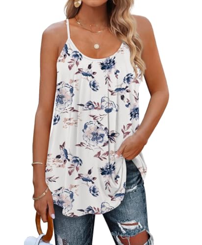 DUOEASE Spaghetti Top Damen Sommer 2025 Locker U-Ausschnitt Damen Tank Top Sommer Damen Oberteile Elegant FlroalWhite-XL von DUOEASE