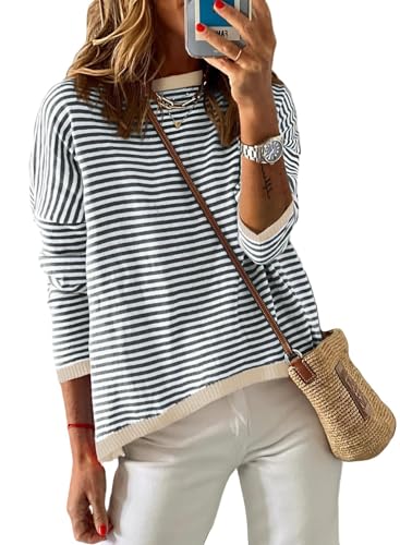 DUOEASE Strickpullover Damen 2024 Streifen Pullover Langarm Winter Rundhals Sweatshirt Baumwolle Oberteile(Grau,L) von DUOEASE