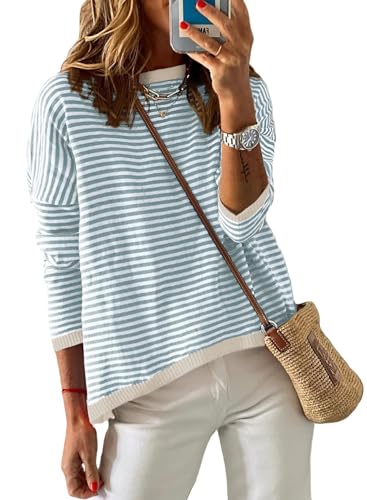 DUOEASE Strickpullover Damen 2024 Streifen Pullover Langarm Winter Rundhals Sweatshirt Baumwolle Oberteile(Türkis,L) von DUOEASE