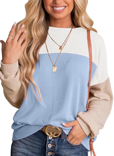 DUOEASE Sweatshirt Damen 2024 Herbst Farbblock Pullover Rundhals Oversied Langarmshirt Winter Oberteile von DUOEASE