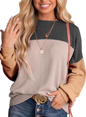 DUOEASE Sweatshirt Damen 2024 Herbst Farbblock Pullover Rundhals Oversied Langarmshirt Winter Oberteile von DUOEASE