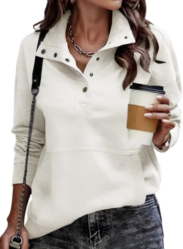 DUOEASE Sweatshirt Damen Casual Langarm ohne Kapuze Top Stehkragen Elegant Einfarbig Pulli Damen mit Taschen（Beige M） von DUOEASE