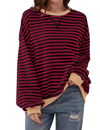 DUOEASE Sweatshirt Damen Langarm Farbblock Oversize Pullover Herbst Rundhals Pullover Y2K Oberteile(Schwarz-Rot,M) von DUOEASE