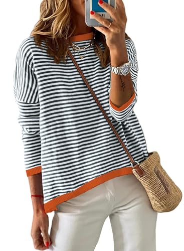 DUOEASE Sweatshirt Damen Langarm Farbblock Strickpullover Herbst Rundhals Pullover Baumwolle Oberteile(Blau-Weiße,M) von DUOEASE