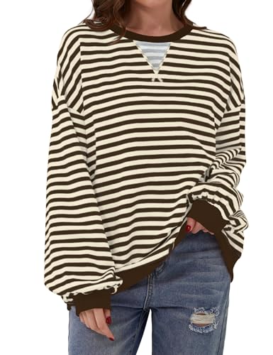 DUOEASE Sweatshirt Damen Langarm Y2K Farbblock Oversize Pullover Herbst Rundhals Pullover Oberteile(Braun-Weiß,S) von DUOEASE