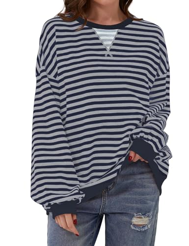 DUOEASE Sweatshirt Damen Langarm Y2K Farbblock Oversize Pullover Herbst Rundhals Pullover Oberteile(Grau-Blau,S) von DUOEASE
