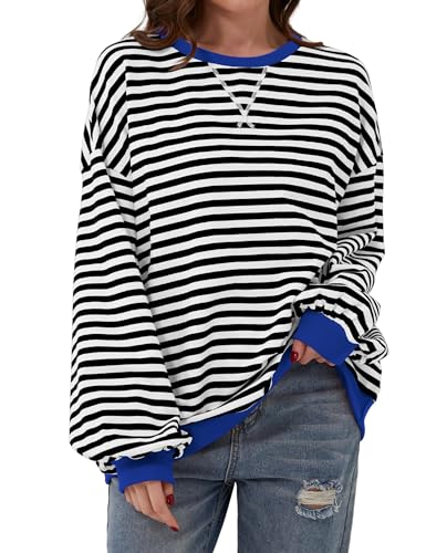 DUOEASE Sweatshirt Damen Langarm Y2K Farbblock Oversize Pullover Herbst Rundhals Pullover Oberteile(Schwarz,M) von DUOEASE