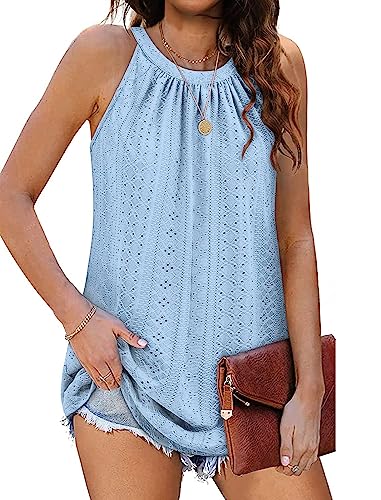 DUOEASE Tank Top Ärmellose Halter Tops Casual Plissee Sommer Cami Bluse(Himmelblau,L) von DUOEASE