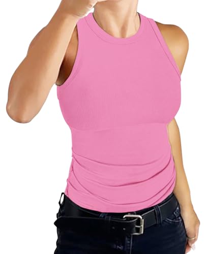 DUOEASE Tank Top Damen Basic Rundhals Racerback Tank Classic Einfarbig Gerippt Slim Fit Oberteile Sommer 2025-Dunkelrosa-M von DUOEASE