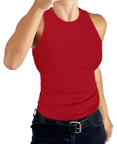 DUOEASE Tank Top Damen Basic Rundhals Racerback Tank Classic Einfarbig Gerippt Slim Fit Oberteile Sommer 2025-Rot-XL von DUOEASE