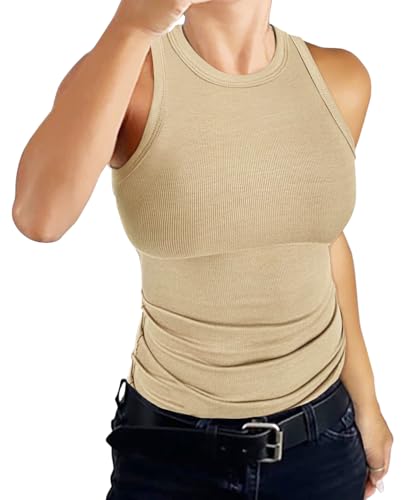 DUOEASE Tank Top Damen Rundhals Basic Ärmellose T-Shirts Gerippt Slim Fit Oberteile Damen 2025-Hellbraun-XS von DUOEASE