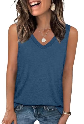 DUOEASE Tank Top Damen Sommer Ärmellose Oberteile Sommermode V-Ausschnitt Tunika Damen(Blau,L) von DUOEASE