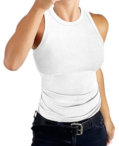 DUOEASE Tank Top Damen Weiß Basic Rundhals Racerback Tank Classic Einfarbig Gerippt Slim Fit Oberteile Sommer 2025-Weiß-XS von DUOEASE