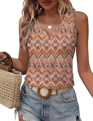 DUOEASE Tank Tops Damen Ãrmellose V-Ausschnitt Top Damen Elegant Locker 2025 Sommer Oberteile Leicht OrangBoho-2XL von DUOEASE