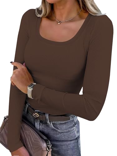 DUOEASE Top Damen Basic Longsleeve U Ausschnitt Stretch Pullover Elegant Casual Oberteile Damen(Braun M von DUOEASE