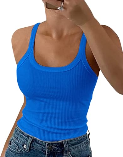 DUOEASE Top Damen Basic U-Ausschnitt Gerippt Spaghettiträger Top 2025 Slim Fit Tank Top Sommer-Blau-M von DUOEASE