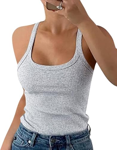 DUOEASE Top Damen Basic U-Ausschnitt Gerippt Spaghettiträger Top 2025 Slim Fit Tank Top Sommer-Blütengrau-M von DUOEASE