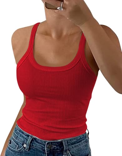 DUOEASE Top Damen Basic U-Ausschnitt Gerippt Spaghettiträger Top 2025 Slim Fit Tank Top Sommer-Rot-L von DUOEASE