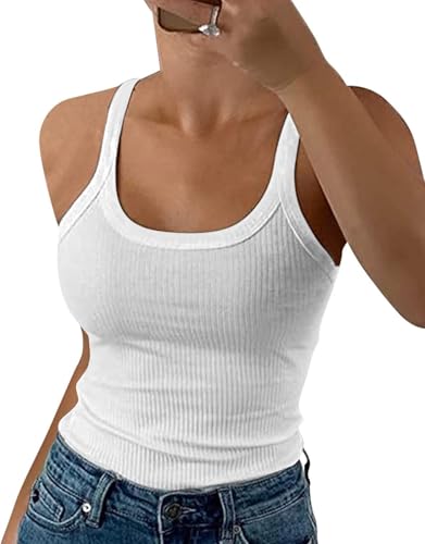 DUOEASE Top Damen Basic Weiß U-Ausschnitt Gerippt Spaghettiträger Top 2025 Slim Fit Tank Top Sommer-Weiß-L von DUOEASE