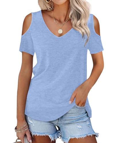 DUOEASE Top Damen Casual Sommer Kurzarm Tuniken V Ausschnitt Damen Tshirt(Himmelblau,L) von DUOEASE