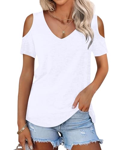 DUOEASE Tshirt Damen Sommer V Ausschnitt Oberteile Kurzarm Tunika(Weiß,S) von DUOEASE