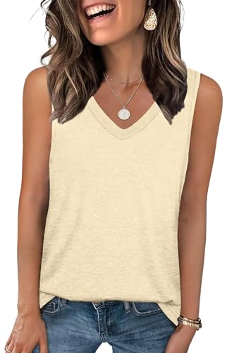 DUOEASE Tunika Damen Sommer Basic Tank Tops V-Ausschnitt Cami Ärmelloses Tshirts(Apricot,2XL) von DUOEASE