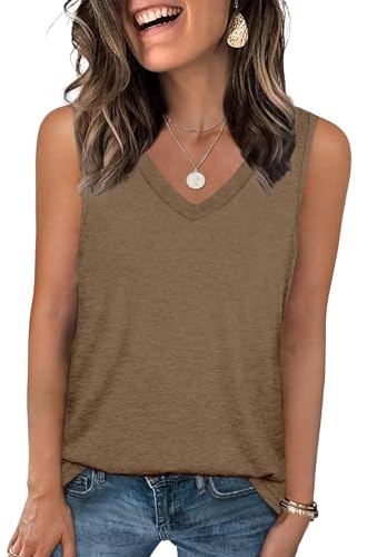 DUOEASE Tunika Damen Sommer Basic Tank Tops V-Ausschnitt Cami Ärmelloses Tshirts(Braun,3XL) von DUOEASE