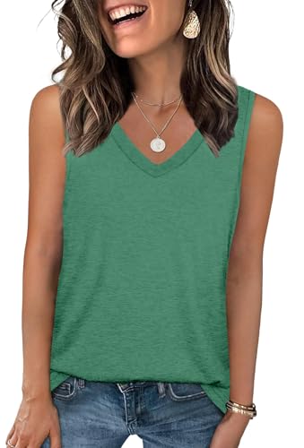 DUOEASE Tunika Damen Sommer Basic Tank Tops V-Ausschnitt Cami Ärmelloses Tshirts(Grün,2XL) von DUOEASE