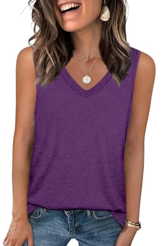 DUOEASE Tunika Damen Sommer Basic Tank Tops V-Ausschnitt Cami Ärmelloses Tshirts(Lila,2XL) von DUOEASE