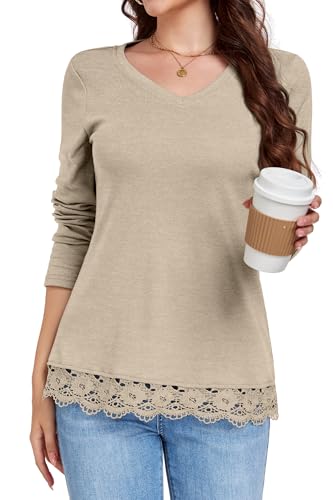 DUOEASE Tunika Langarm Elegant V-Ausschnitt Langarmshirt Damen Casual T Shirt Herbst Winter Pullover(Hellbraun,L) von DUOEASE