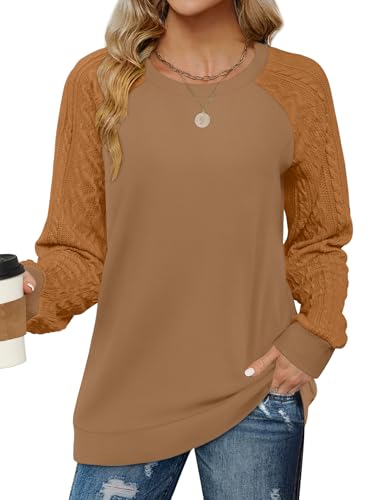 DUOEASE für Damen Langarm Sweatshirt Winter Pullover Rundhalsausschnitt Oberteile Longsleeve Locker Pulli Lässiges Langarmshirt(Braun XXL) von DUOEASE