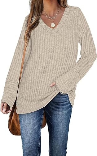 Pullover für Damen Herbst Langarm V-Ausschnitt Loose Herbst Sweatshirt(Apricot,XL) von DUOEASE