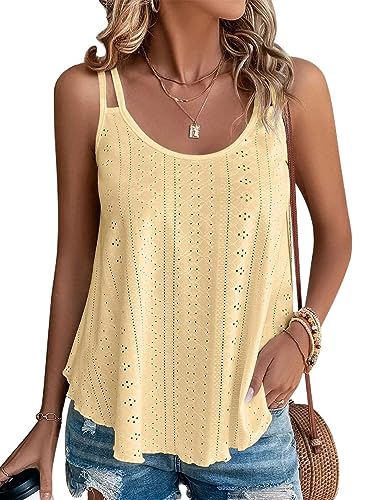 Tank Top Damen 2024 Sommer Eyelet Spaghetti Oberteile Sommermode ärmellose Shirt Damen(Gelb,2XL) von DUOEASE