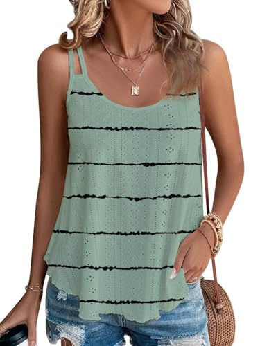 Tank Top Damen 2024 Sommer Spaghetti Oberteile Sommermode ärmellose Shirt Damen(Grün Streifen,XL) von DUOEASE