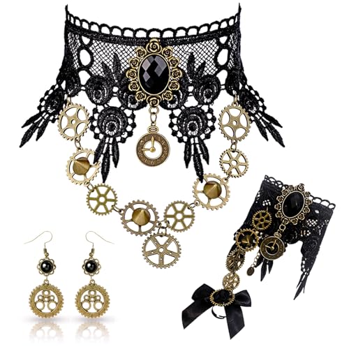 DUOLAM Steampunk Accessoires Gothic Schmuck: 3 Stück Damen Zahnräder Steampunk Halskette Set Spitze Vintage Anhänger Frauen Choker Ohrringe Armbänder für Cosplay Halloween Karneval Kostüm Maskerade von DUOLAM