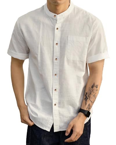 DUOLUVA Sommerhemd Herren Kurzarm Leinen Hemden Herren Henley Weiß 3XL von DUOLUVA
