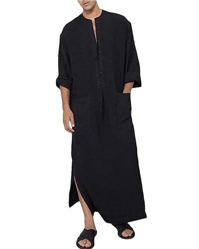 DUOLUVA Herren Kaftan Langarm Freizeit Thobe Herren Kaftan Herren Lang mit Taschen Schwarz L von DUOLUVA