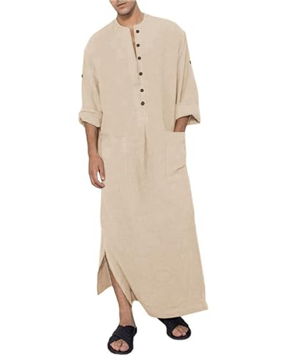 DUOLUVA Kaftan Herren Lang Thobe Herren Kaftan Herren Leinen Langarm Comfort Fit Khaki 2XL von DUOLUVA