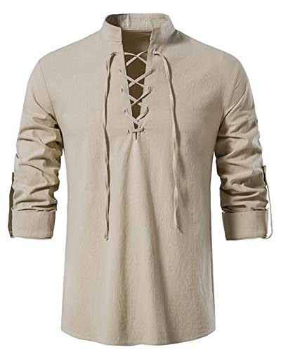 DUOLUVA Leinen Hemd Herren Langarm Kostüm-Oberteile für Erwachsene Viktorian Viking Kostüm Herren Khaki XL von DUOLUVA