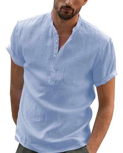 DUOLUVA Leinen Hemd Herren Sommer Kurzarmhemd Herren Leinen Hemden Herren Slim Fit Freizeit Hemd Herren Hellblau XL von DUOLUVA