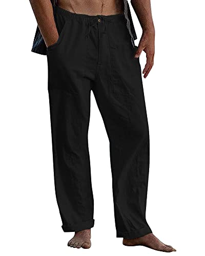 DUOLUVA Leinen Hose Männer Casual Strandhose Herren Baumwolle Yoga Hose Männer Schwarz XL von DUOLUVA