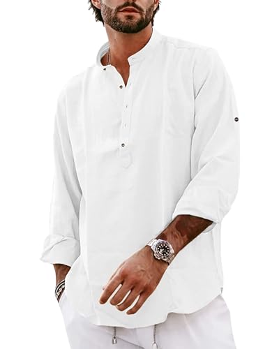 Sommerhemd Herren Langarm Strand Hemd Herren Comfort Fit Baumwolle Leinenhemd Herren Freizeithemd Herren Weiß XL von DUOLUVA