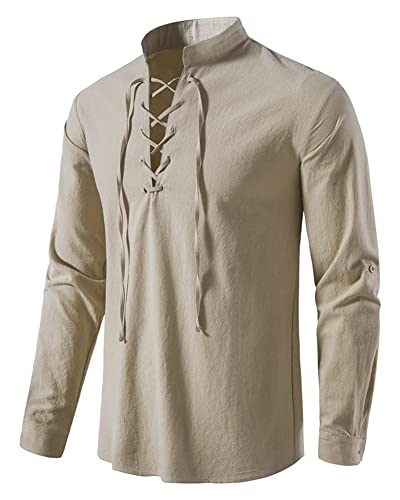 DUOLUVA Viking Hemd Herren Langarm Leinen Shirt Men für Karneval Mitteralter Khaki 2XL von DUOLUVA