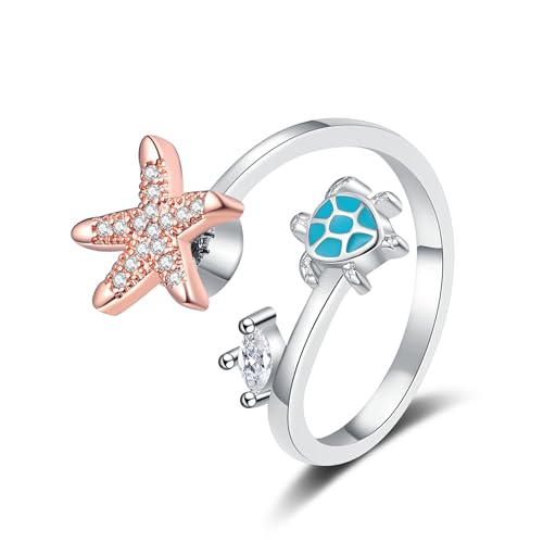DUOMIYX Rings Frauen Schildkrötenkristall Eingelegter Ring Offen Einstellbar 925 Silberring Angstring-Silber-Einstellbar von DUOMIYX