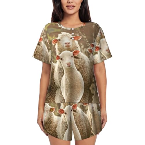 DUORHEV Schwarz-goldener Damen-Pyjama mit Marmor-Druck, kurzärmelig, geeignet für Freizeitkleidung, Heimkleidung, Schafe und Lämmer., 48 von DUORHEV